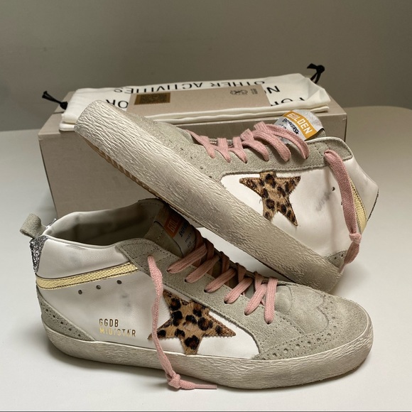 Golden Goose Mid Star Sneaker White Leather/Gold/Leopard Star sz 38 New in Box - Picture 13 of 14